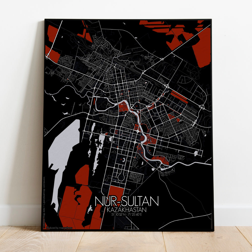 Nur Sultan Red dark full page design poster city map