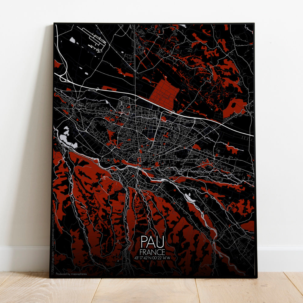 Pau Red dark full page design poster city map