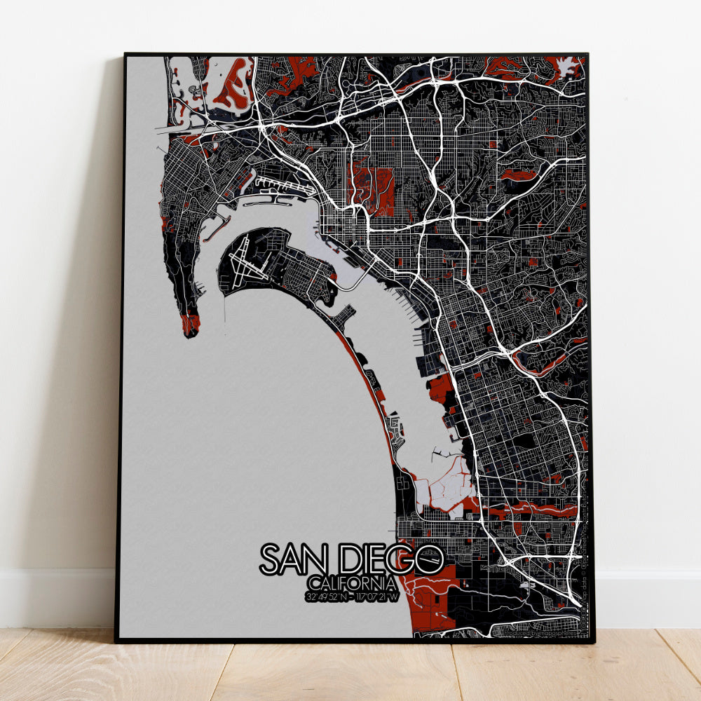 Mapospheres San Diego Red dark full page design poster city map