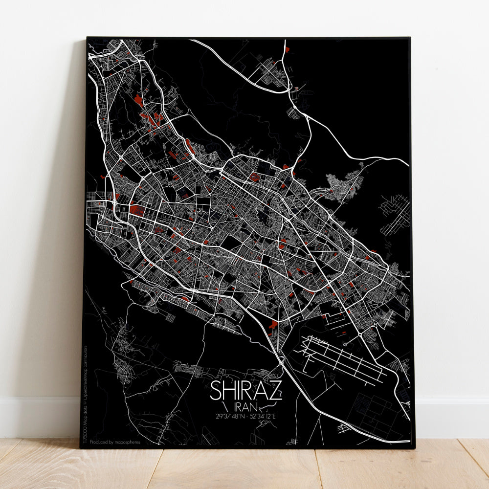 Shiraz Red dark full page design poster city map