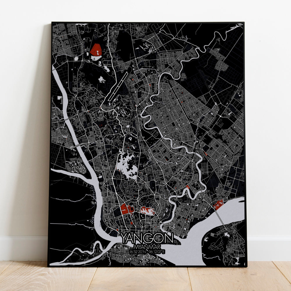 Yangon Red dark full page design poster city map