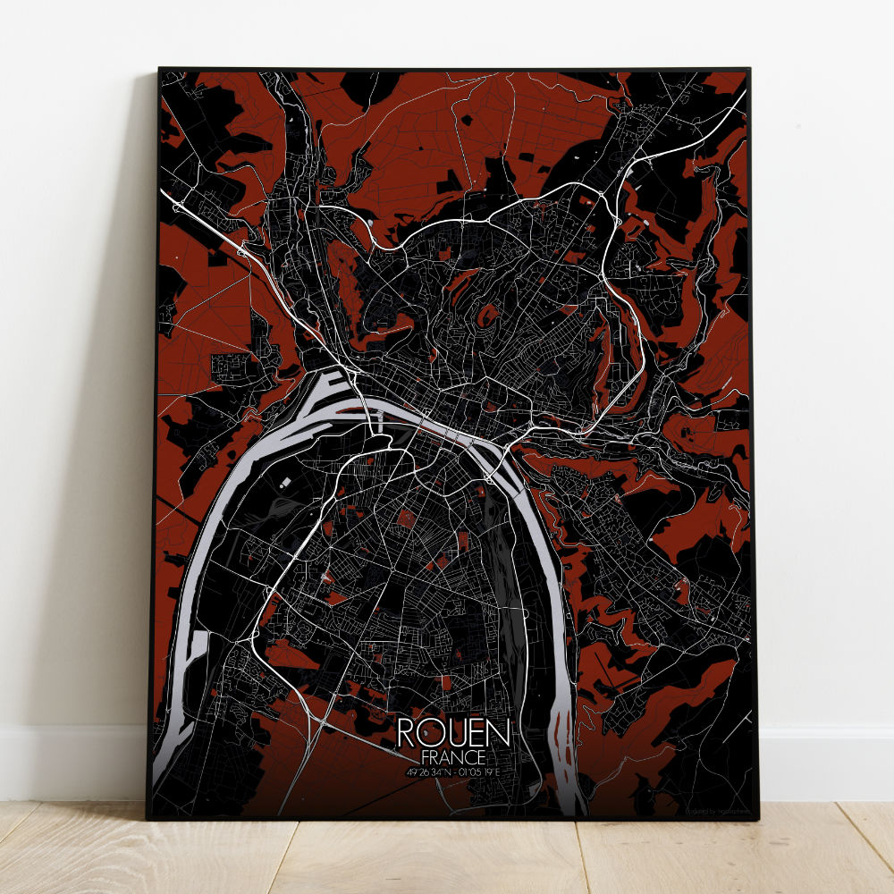 Mapospheres Rouen Red dark full page design poster city map
