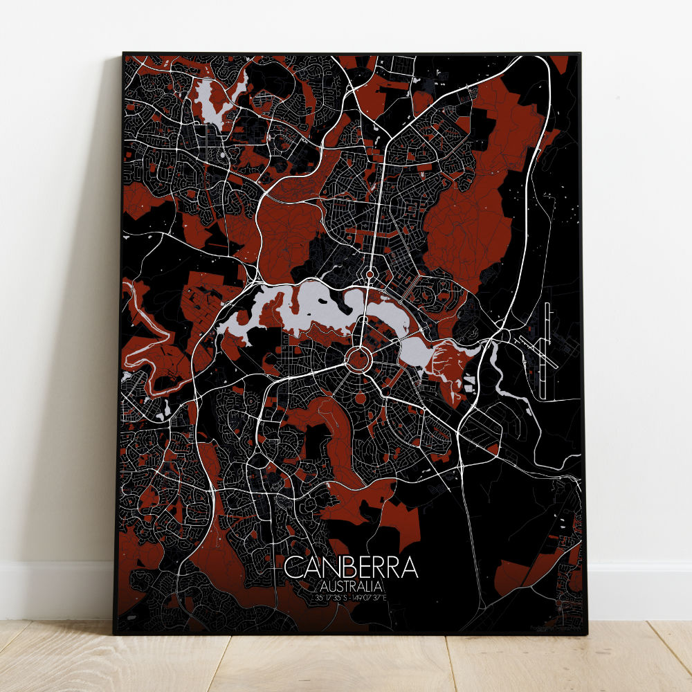 Mapospheres Canberra Red dark full page design poster city map