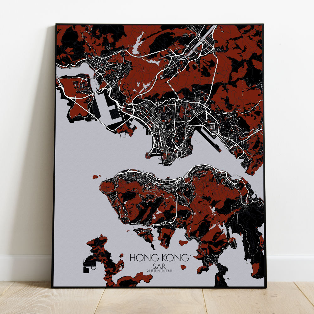 Mapospheres Hong Kong Red dark full page design poster city map