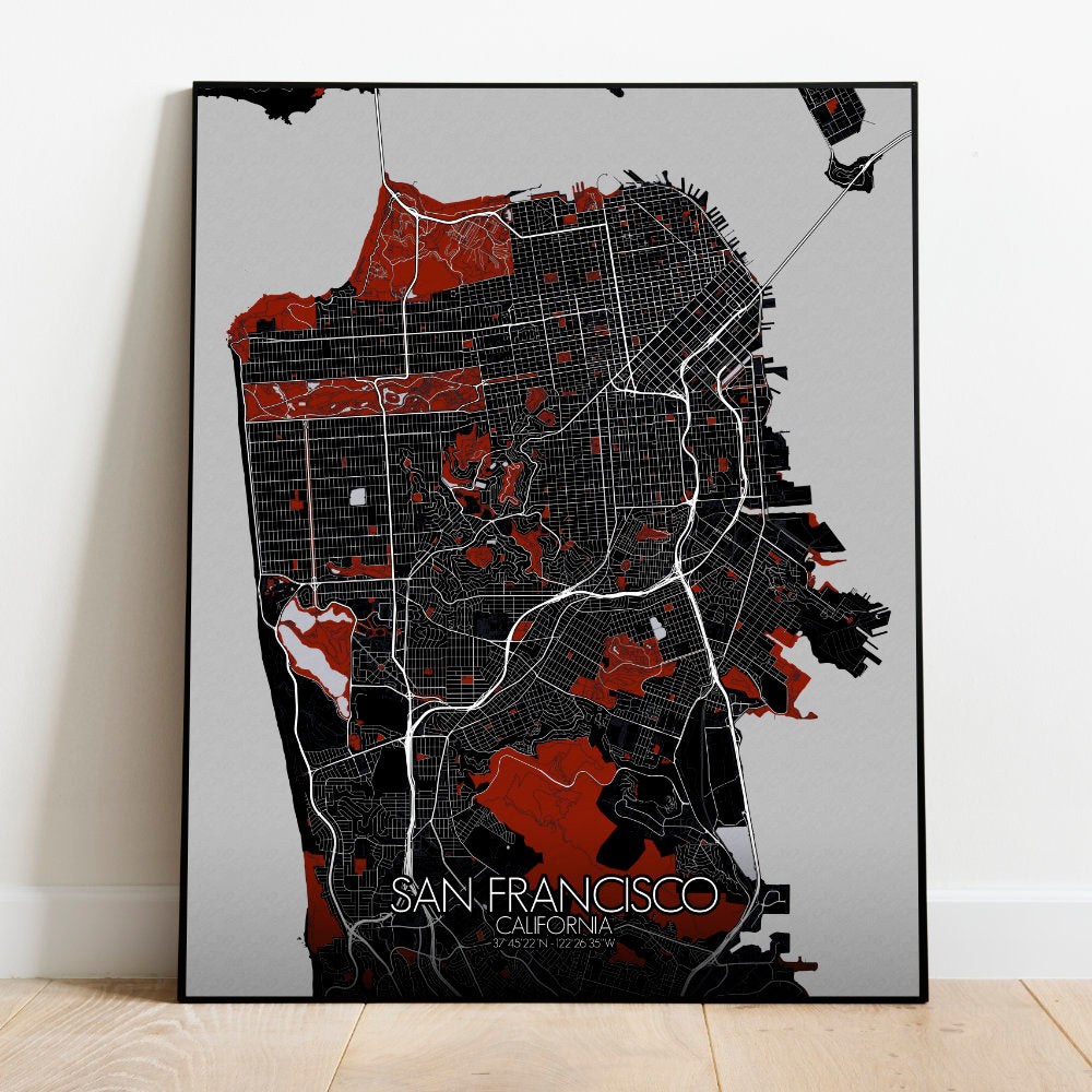 Mapospheres San Francisco Red dark full page design poster city map