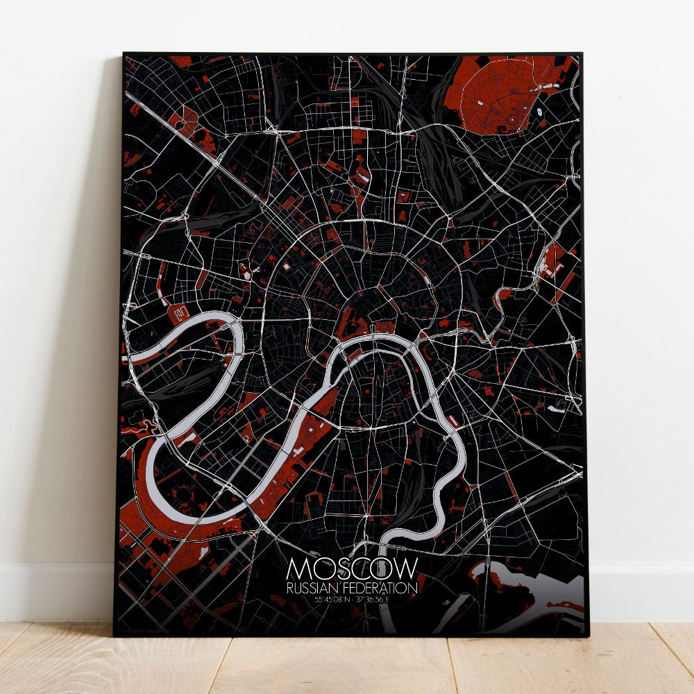 Mapospheres Moscow Red dark full page design poster city map