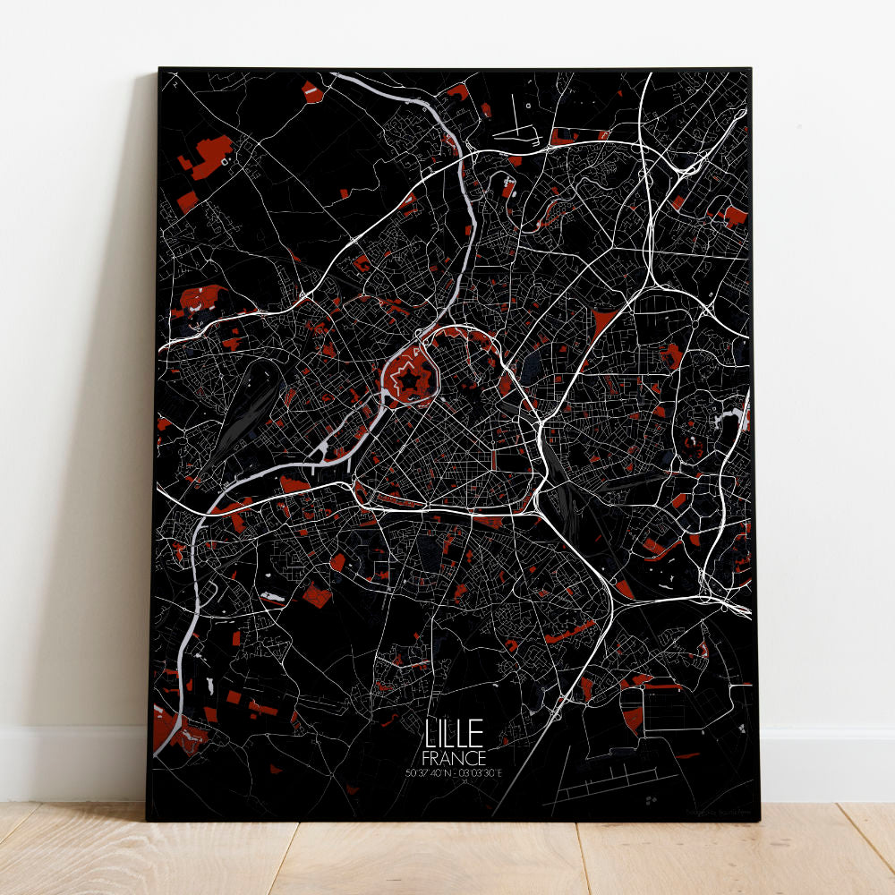 Mapospheres Lille Red dark full page design poster city map