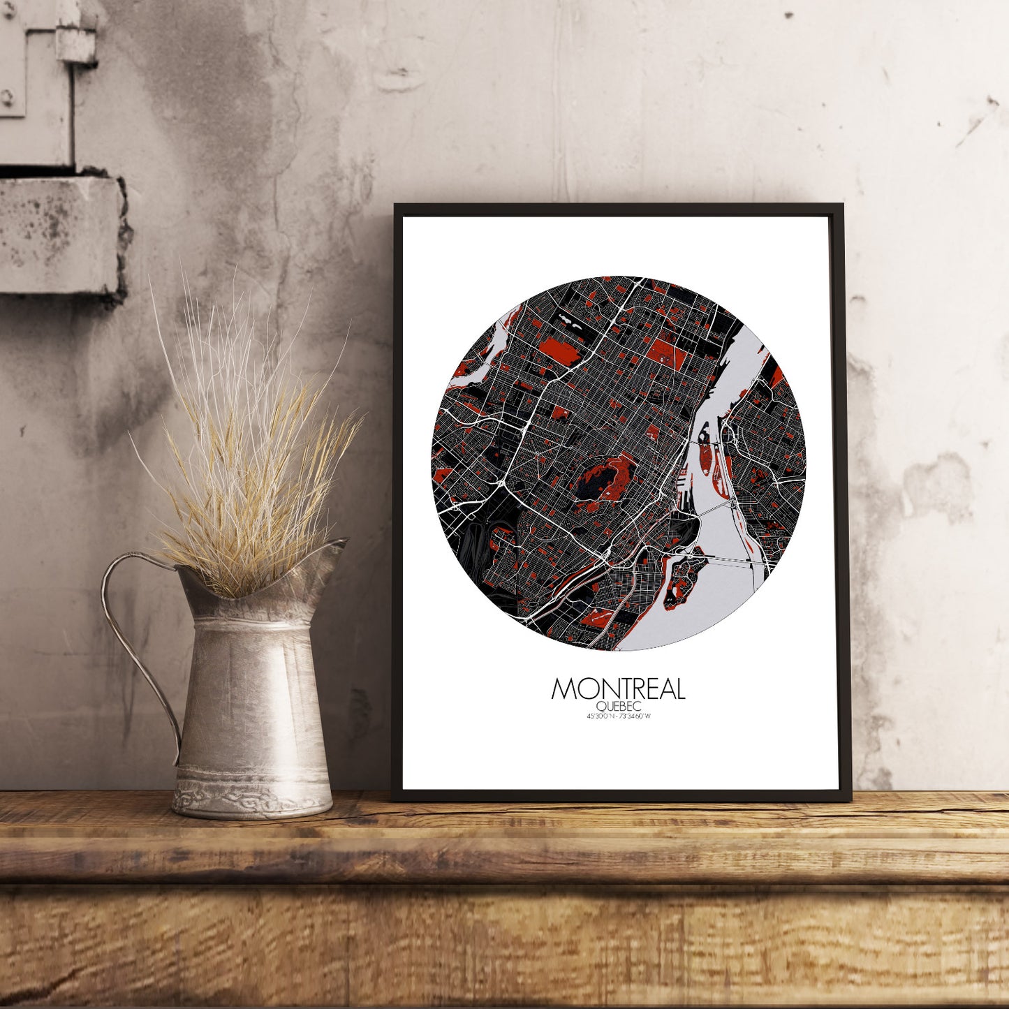 Mapospheres Montreal Red dark round shape design poster city map