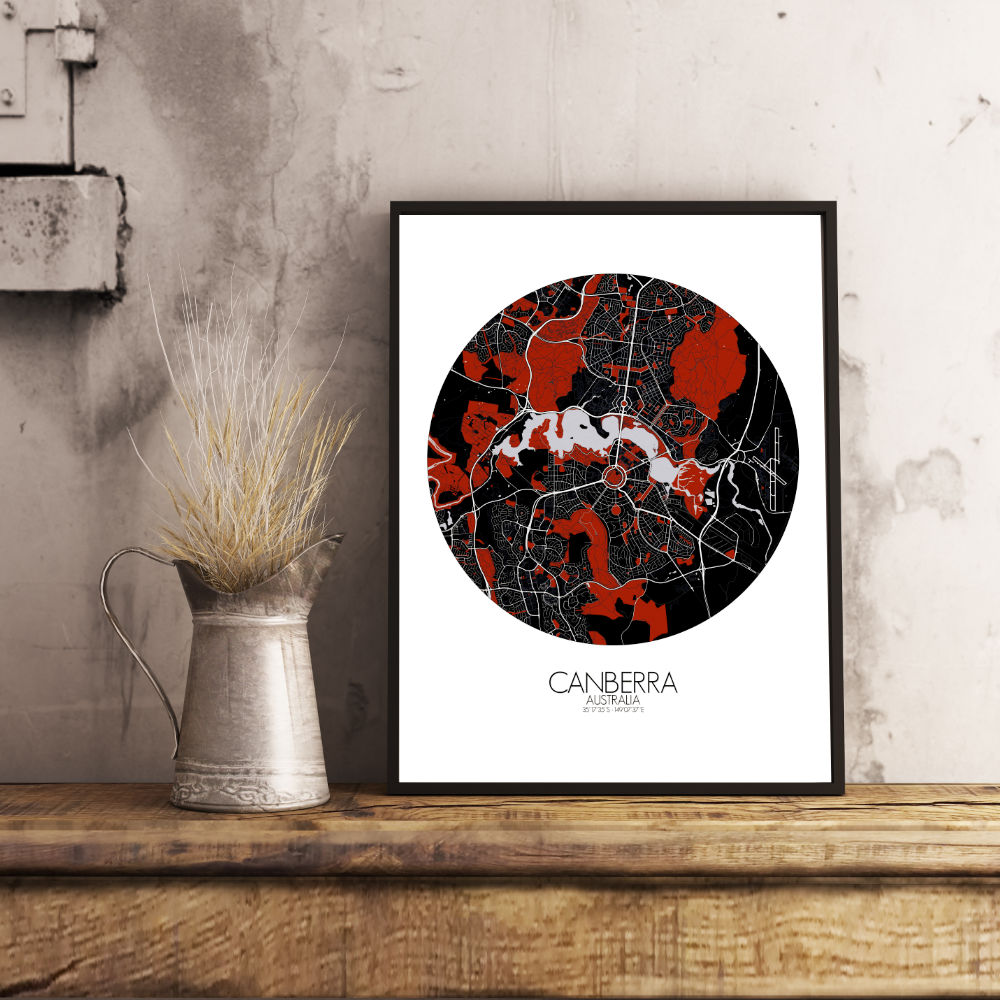 Mapospheres Canberra Red dark round shape design poster city map