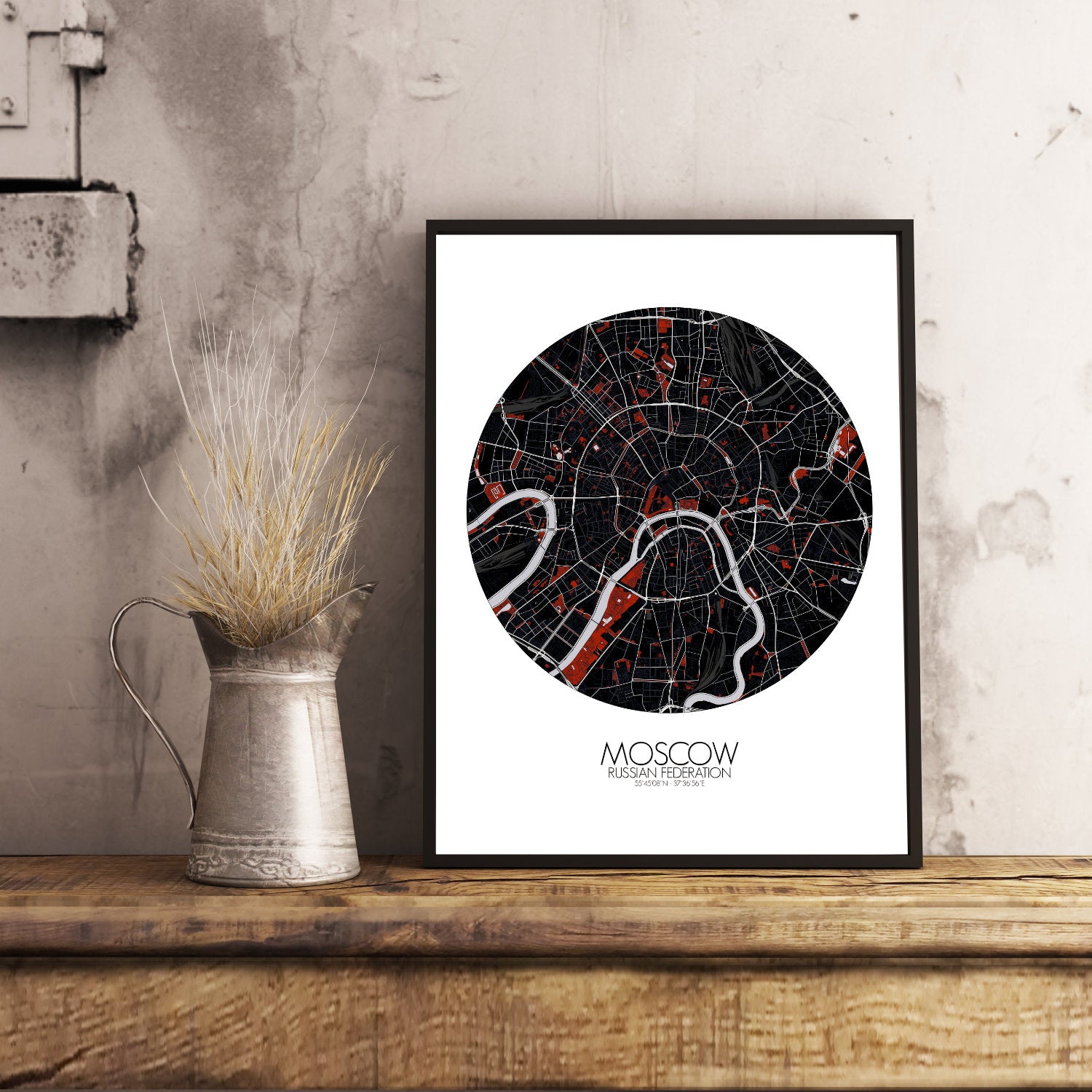 Mapospheres Moscow Red dark round shape design poster city map