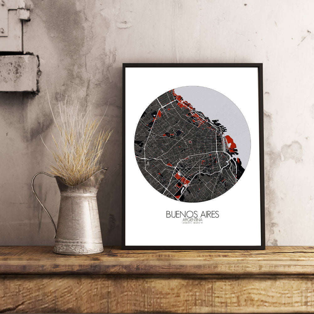 Mapospheres Buenos Aires Red dark round shape design poster city map
