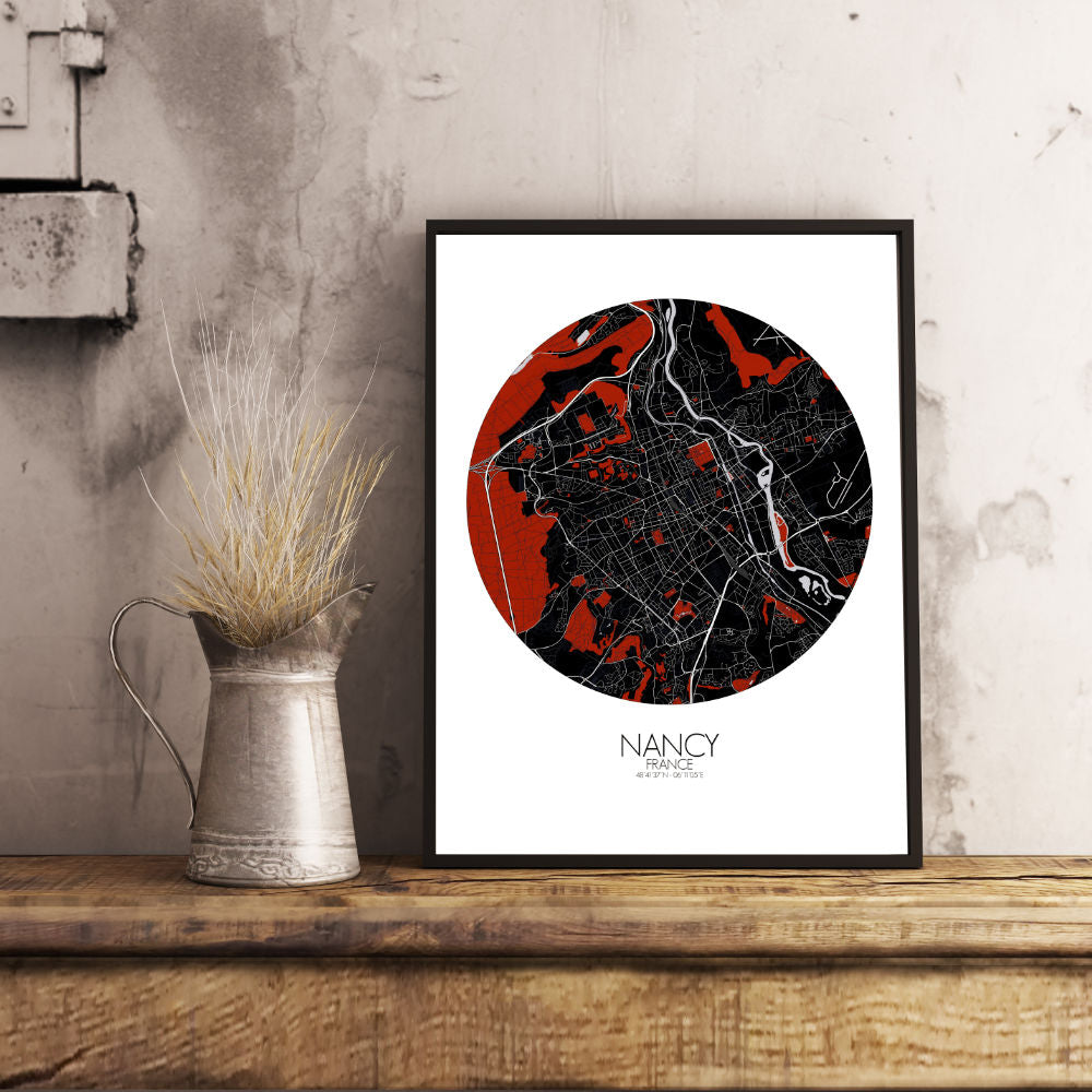 Mapospheres Nancy Red dark round shape design poster city map