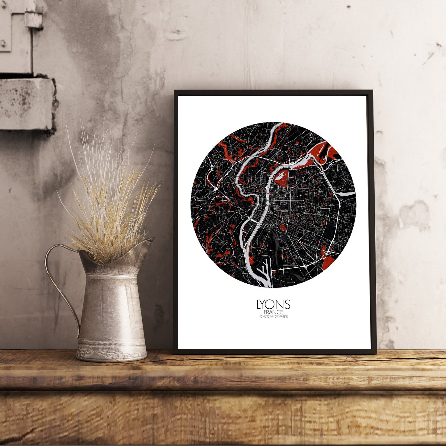 Mapospheres Lyon Red dark round shape design poster city map