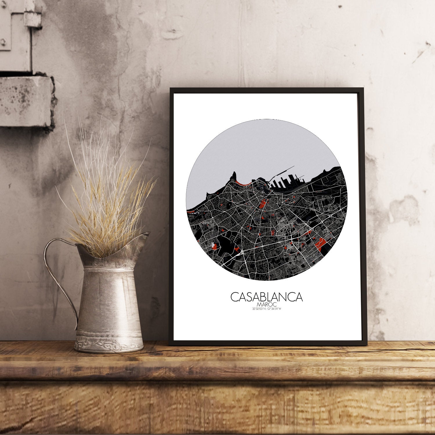 Mapospheres Casablanca Red dark round shape design poster city map