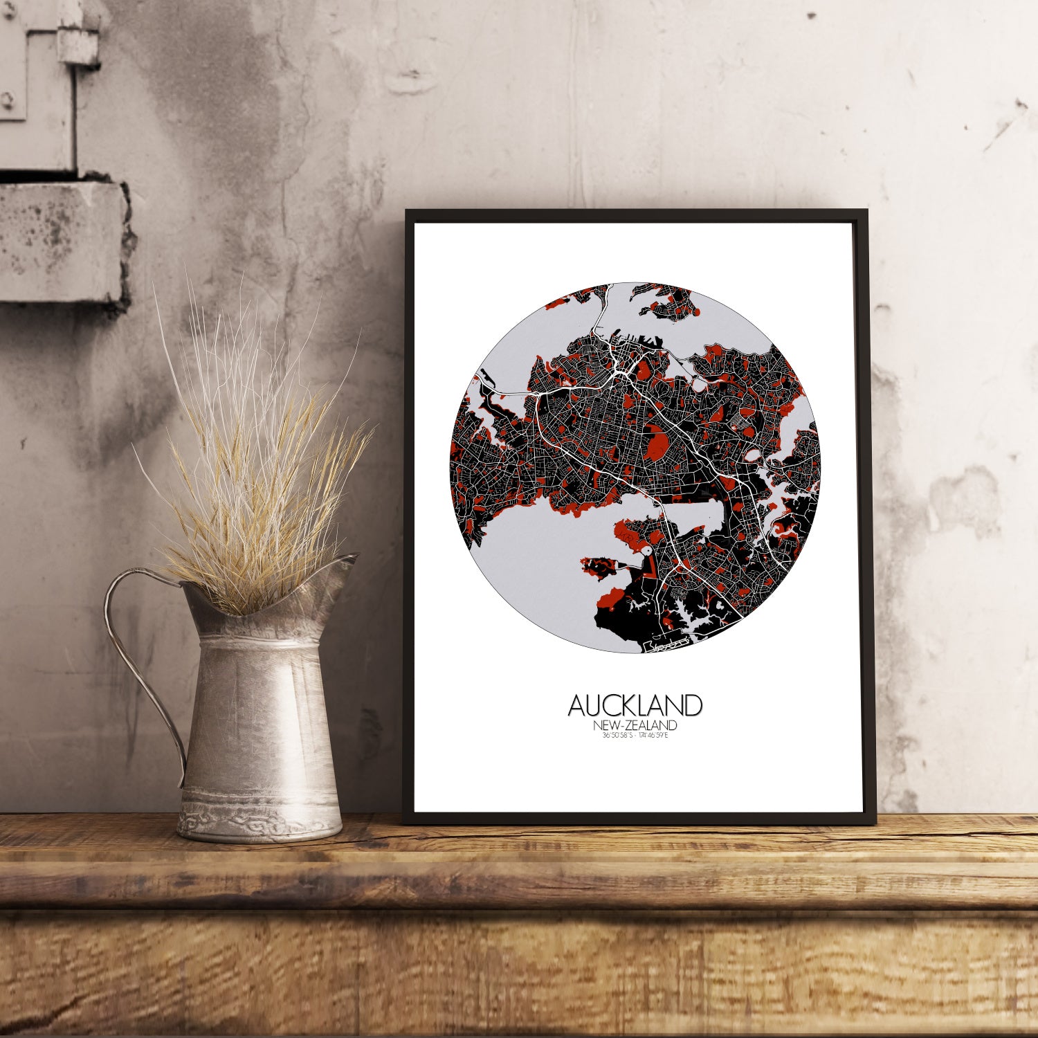 Auckland Red dark round shape design poster city map