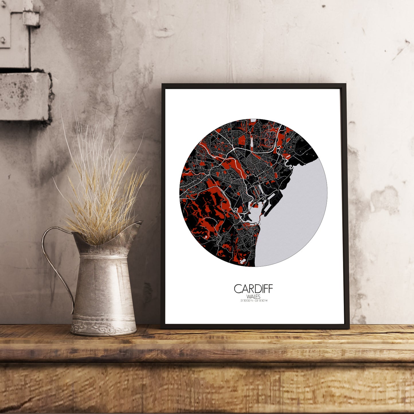Cardiff Red dark round shape design poster city map