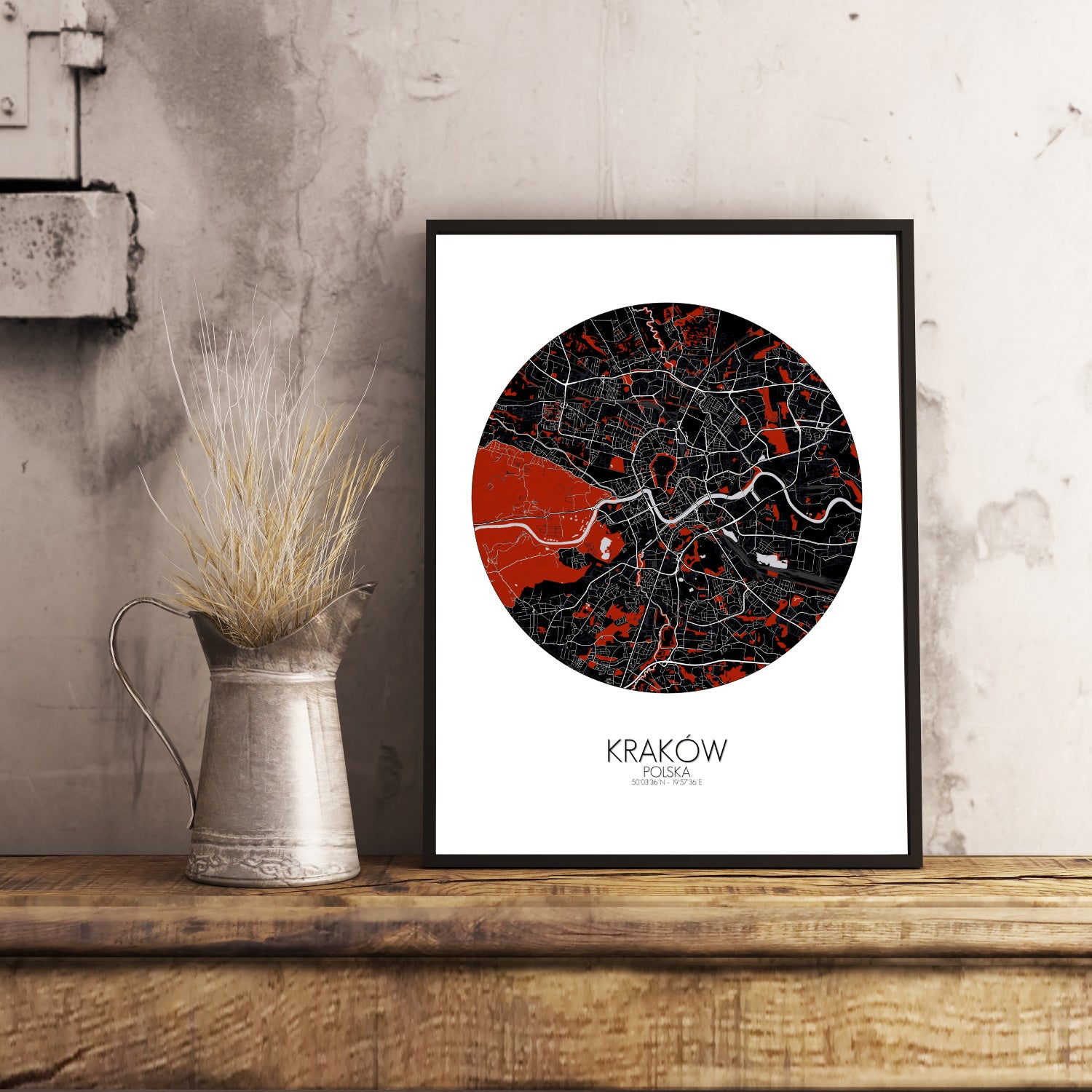Krakow Red dark round shape design poster city map