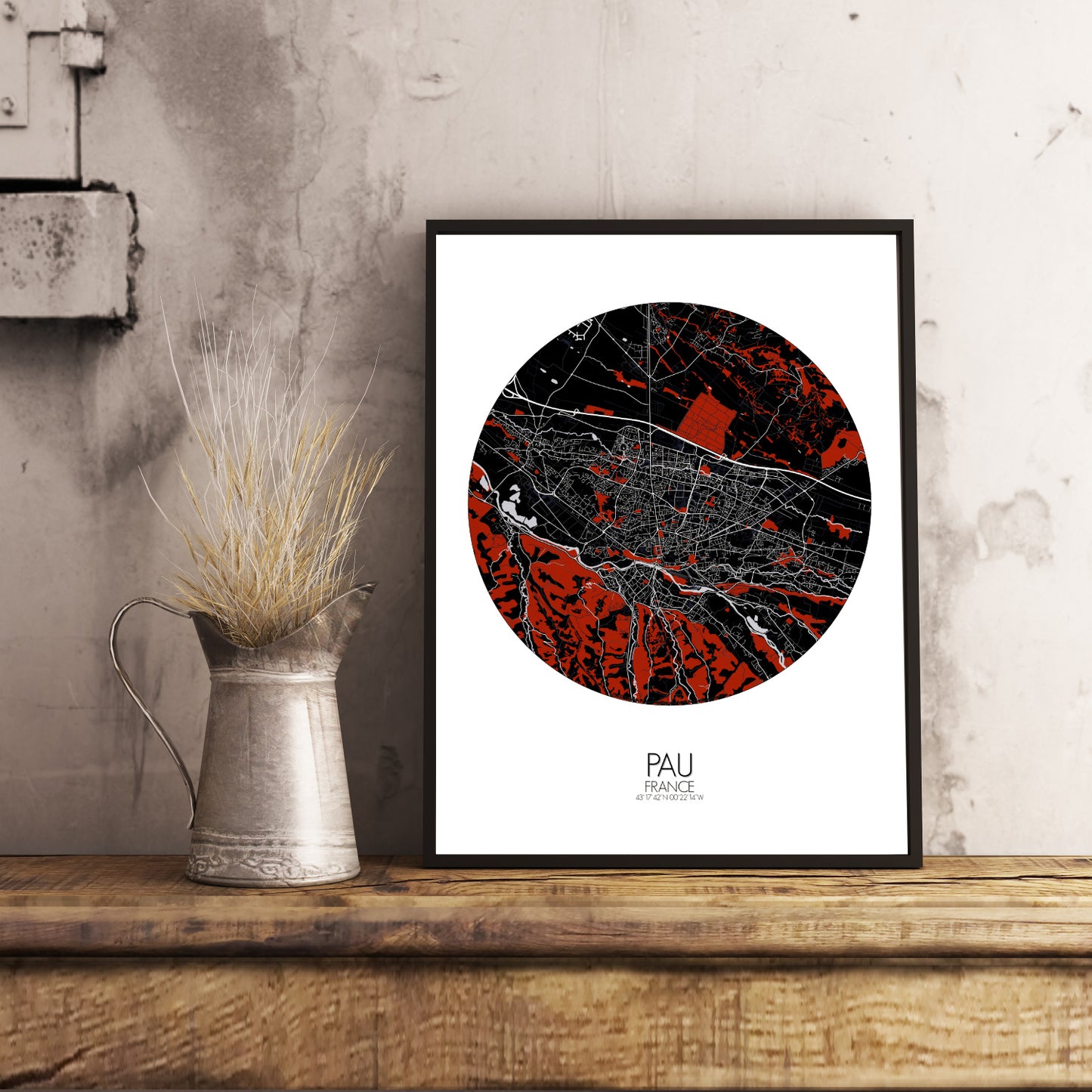 Pau Red dark round shape design poster city map