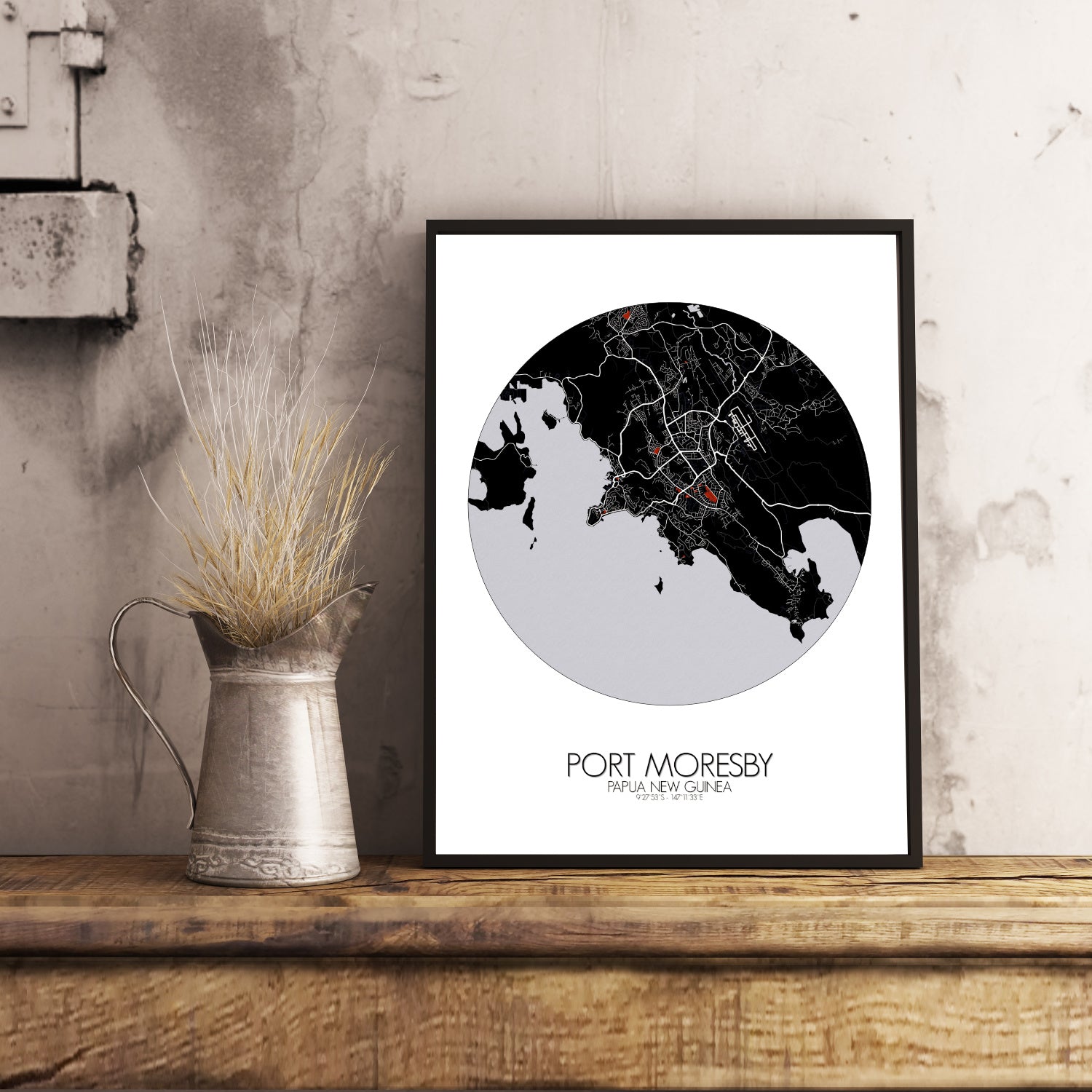 Port Moresby Red dark round shape design poster city map