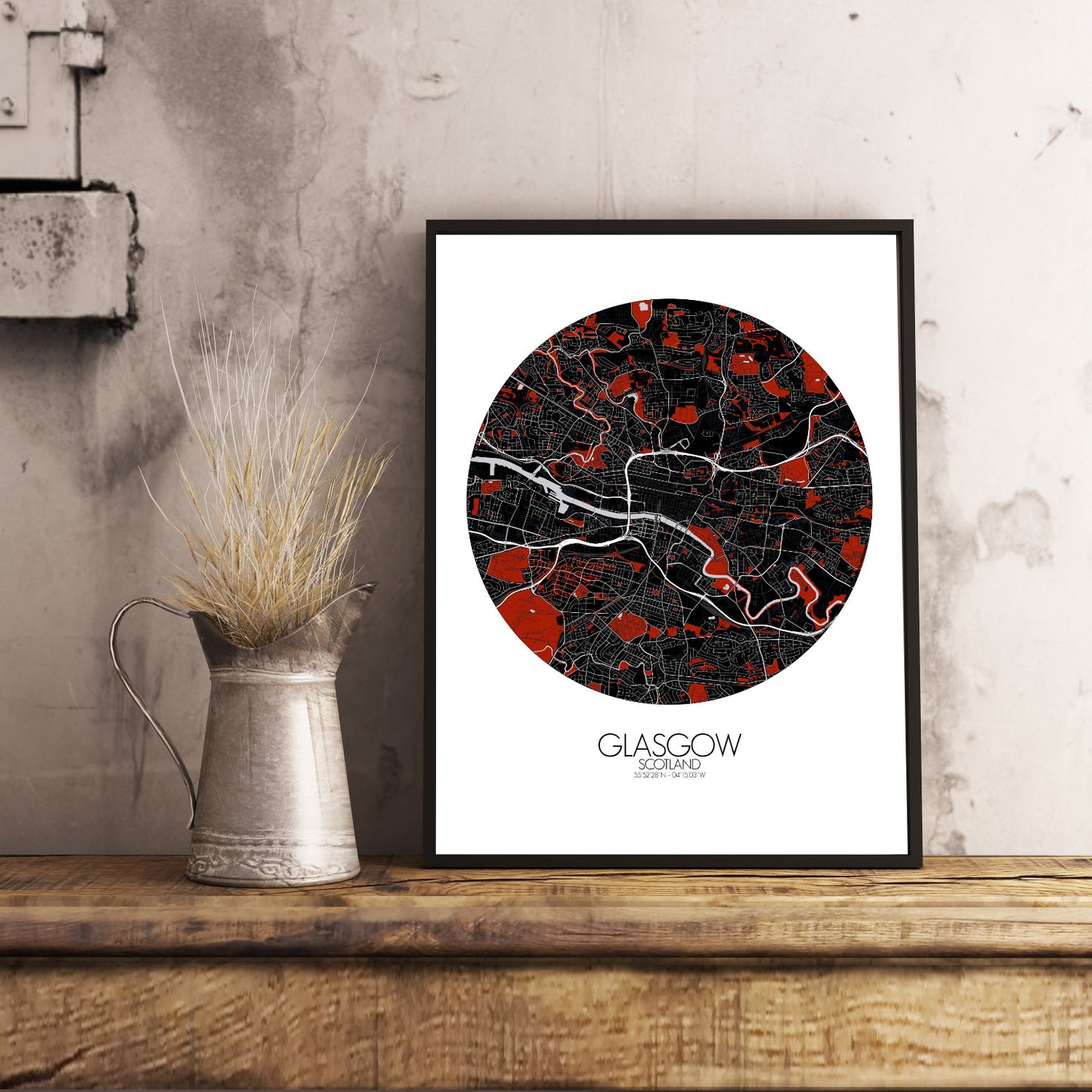 Mapospheres Glasgow Red dark round shape design poster city map