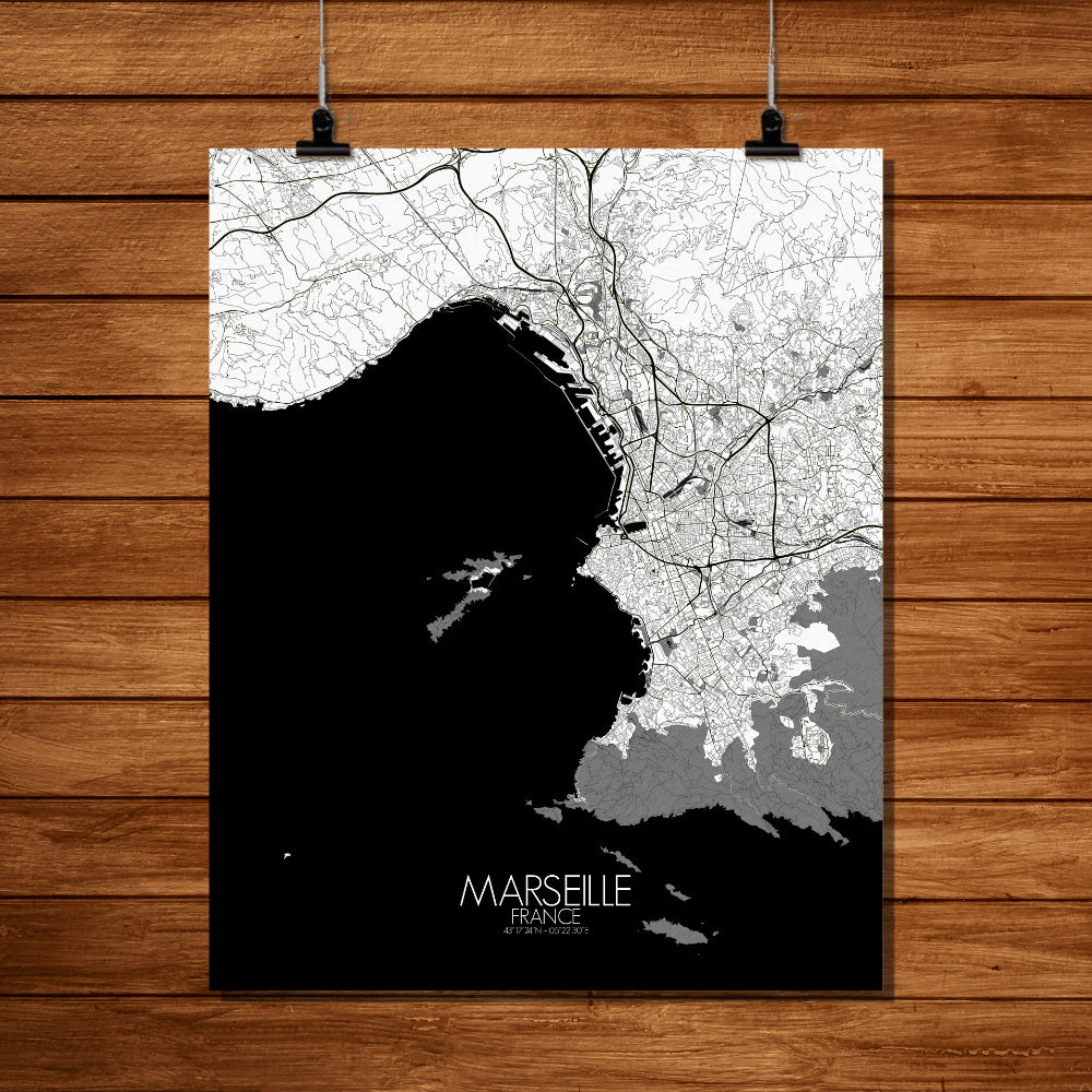 Mapospheres Marseille Black and White full page design poster affiche city map