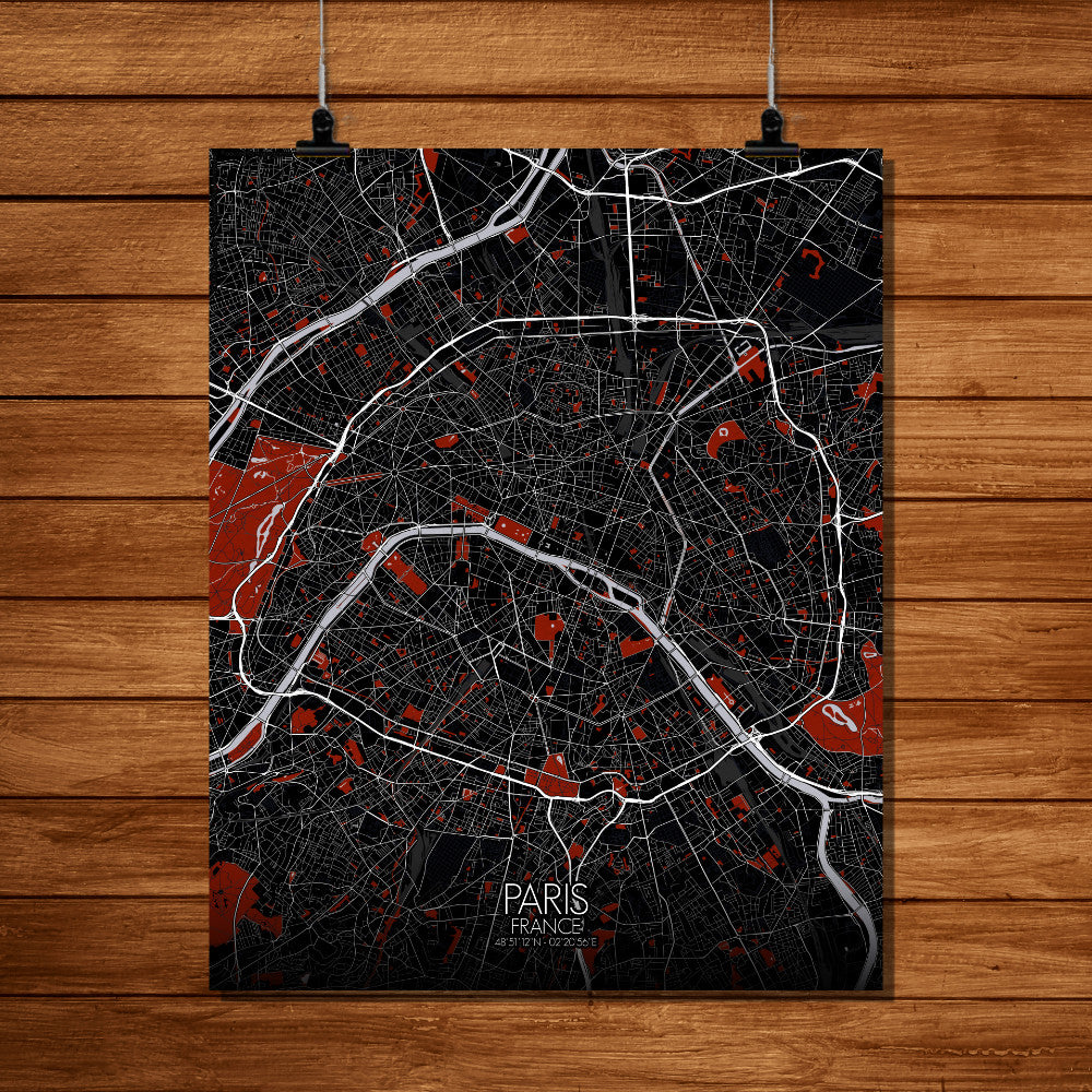 Mapospheres Paris Red dark full page design poster city map