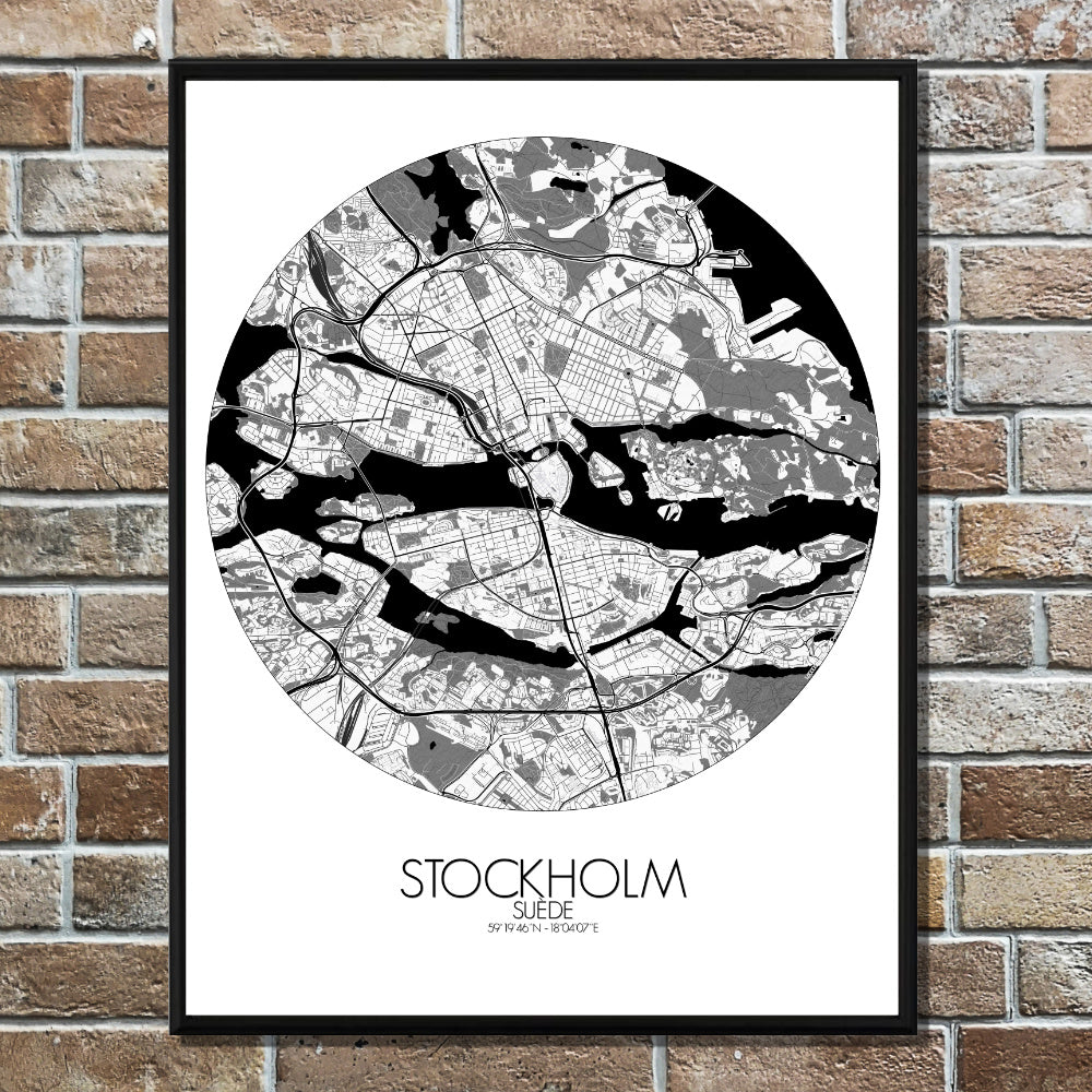 Mapospheres stockholm Black and White round shape design poster city map