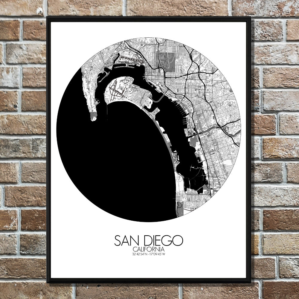 Mapospheres San Diego Black and White round shape design poster city map