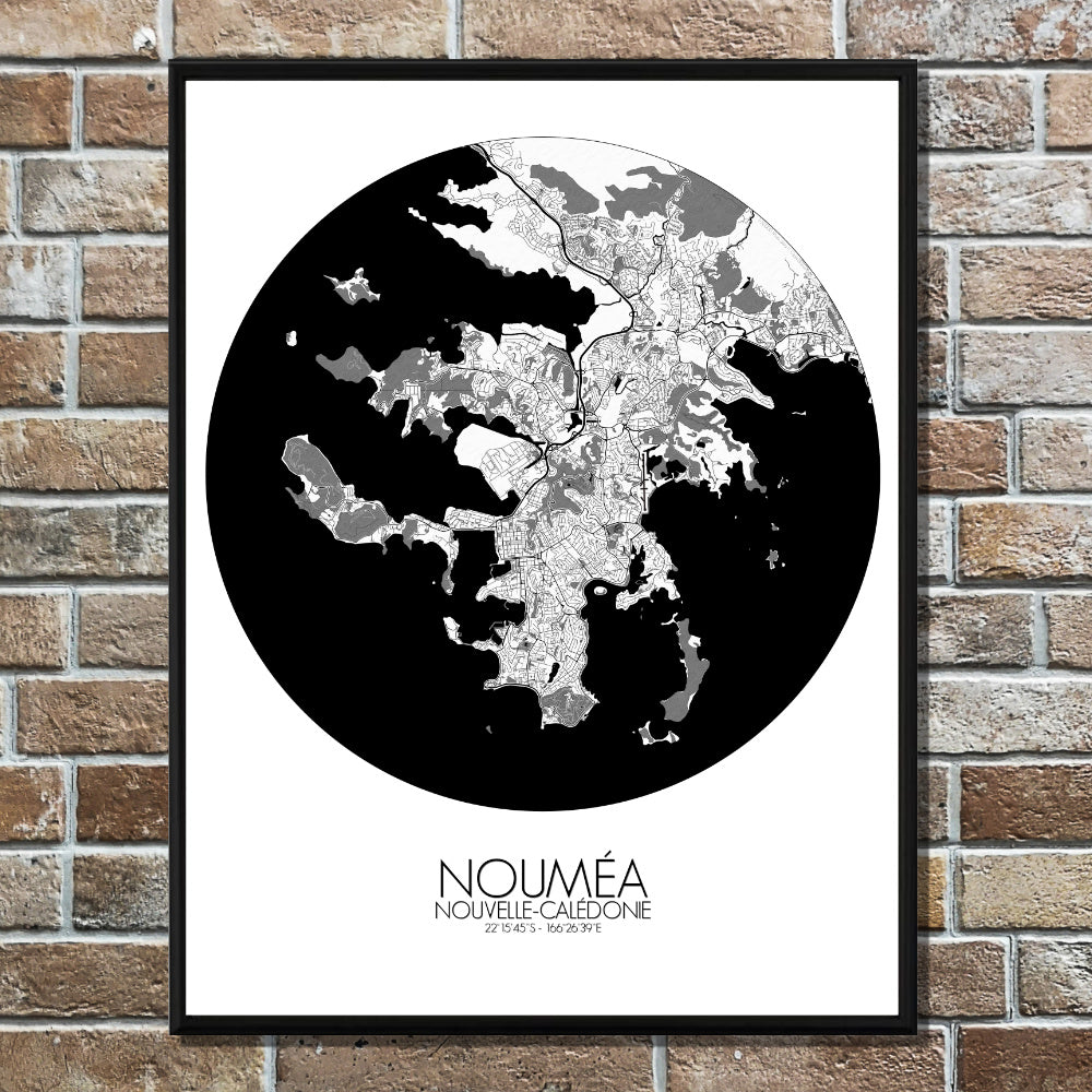 Mapospheres Noumea Black and White round shape design poster city map