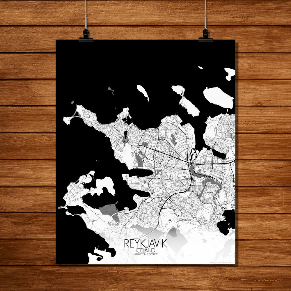 Mapospheres reykjavik Black and White full page design poster city map