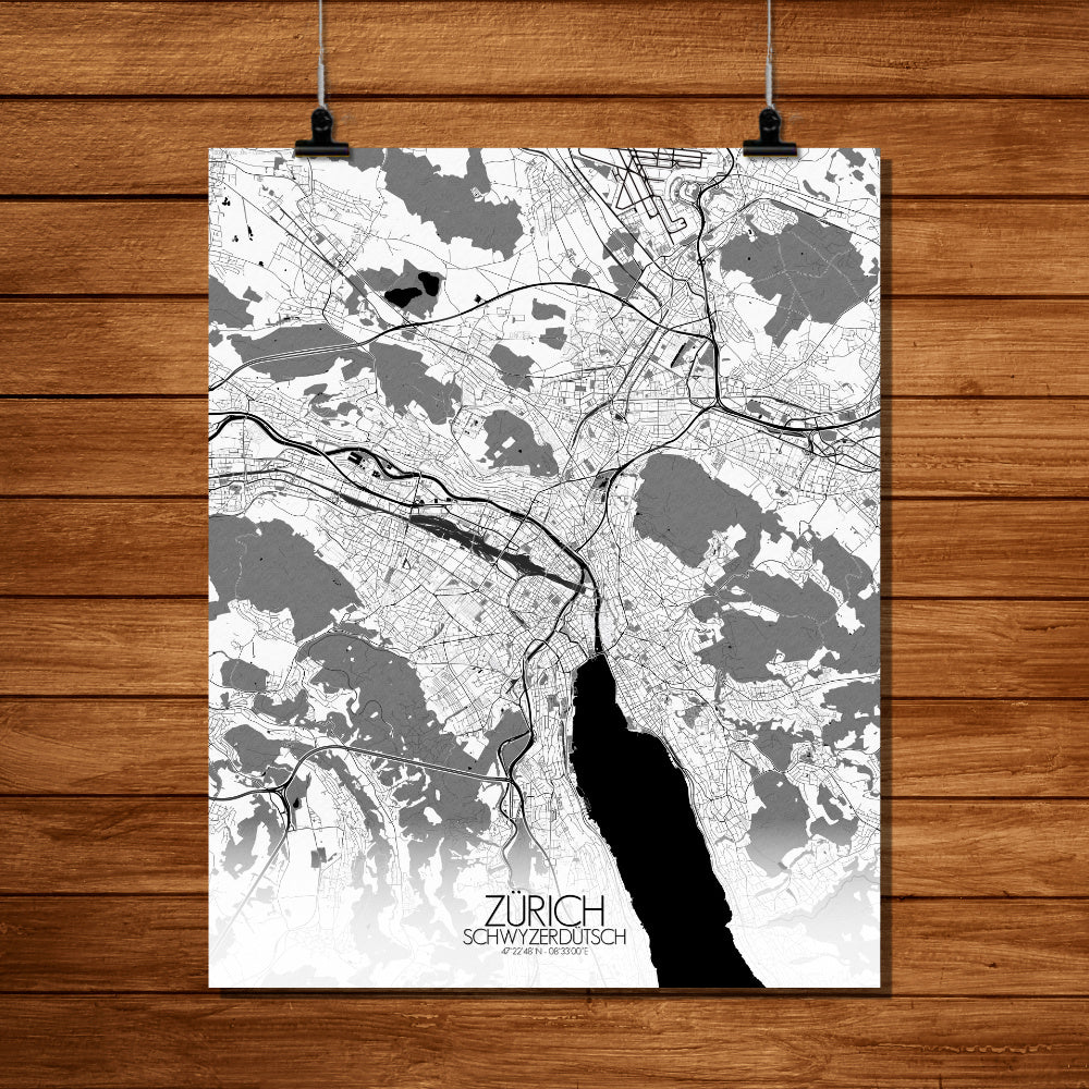Mapospheres zurich Black and White full page design poster city map