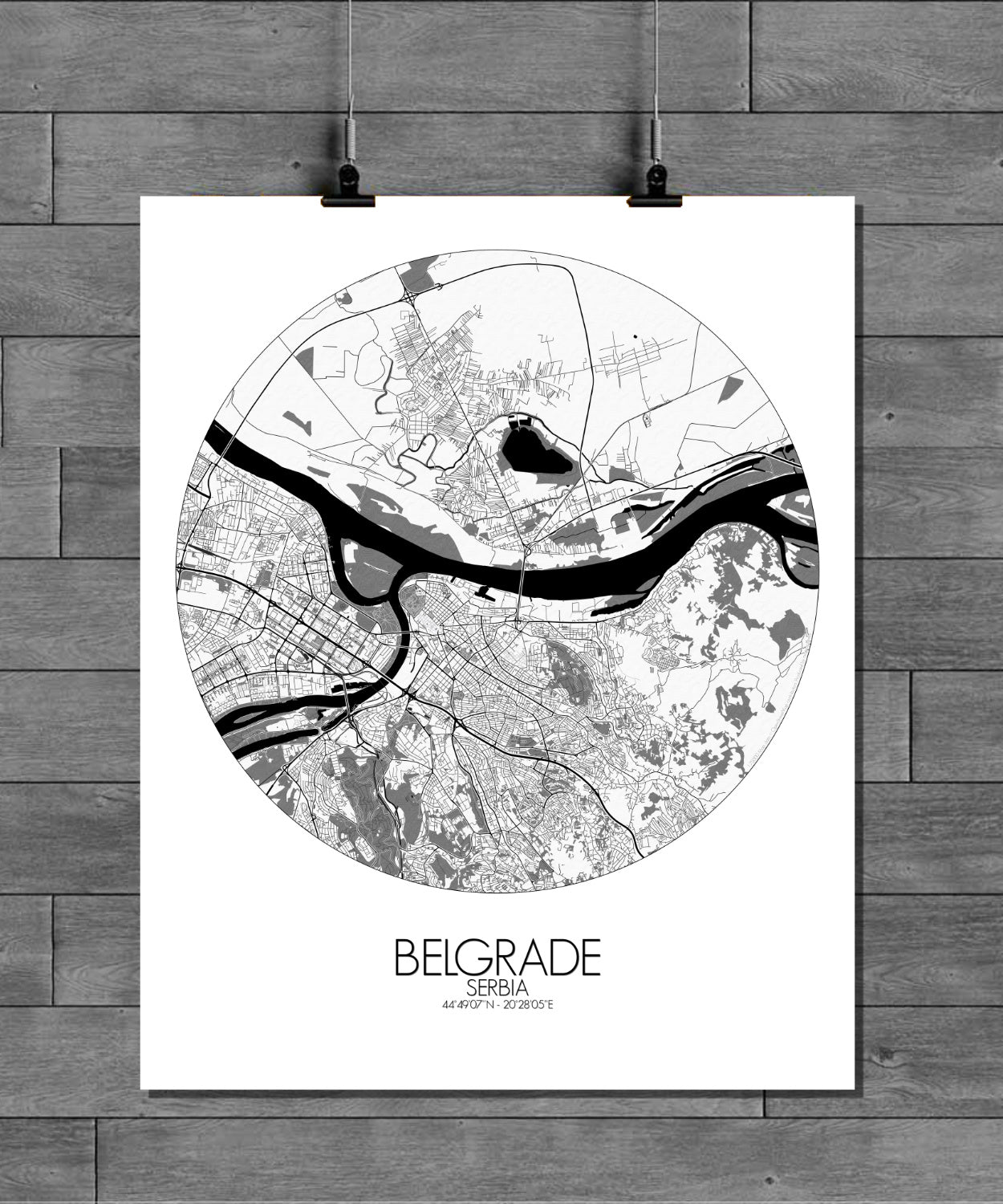 Mapospheres Belgrade Black and White round shape design poster city map