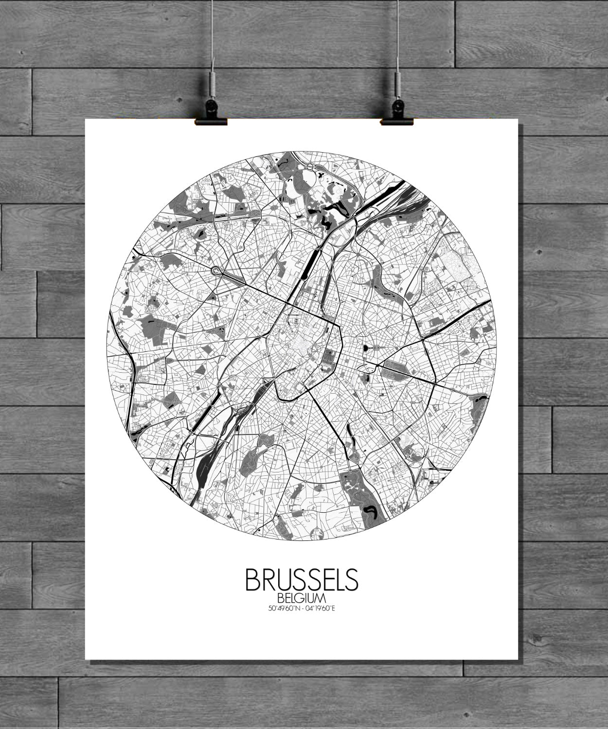 Mapospheres Brussels Black and White round shape design poster city map