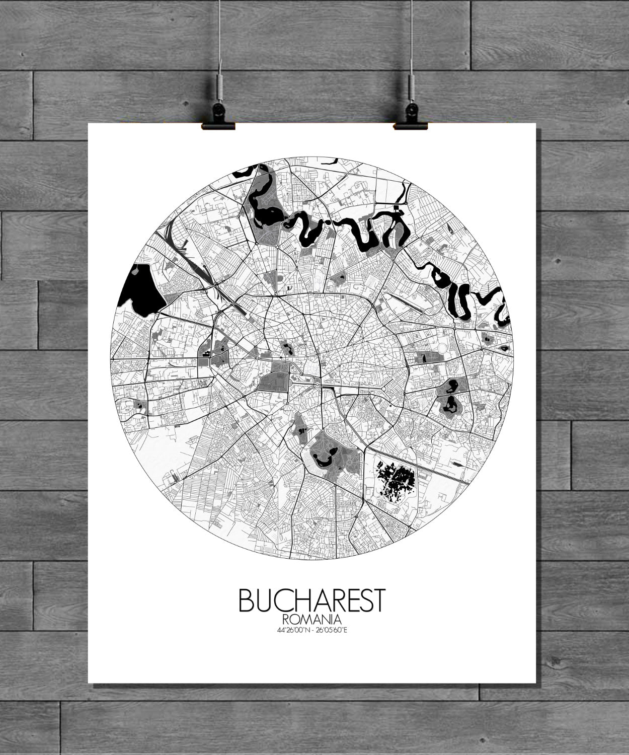 Mapospheres Bucharest Black and White round shape design poster city map