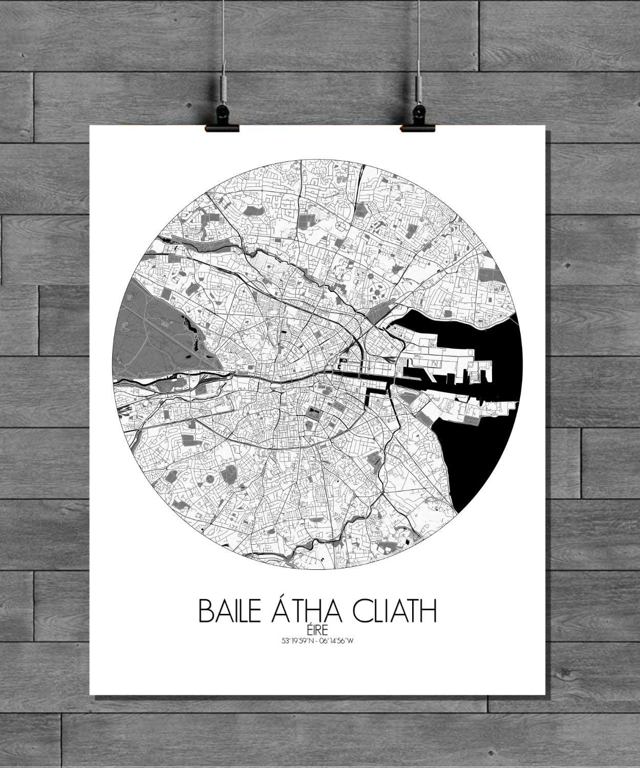 Mapospheres Dublin Black and White round shape design poster city map
