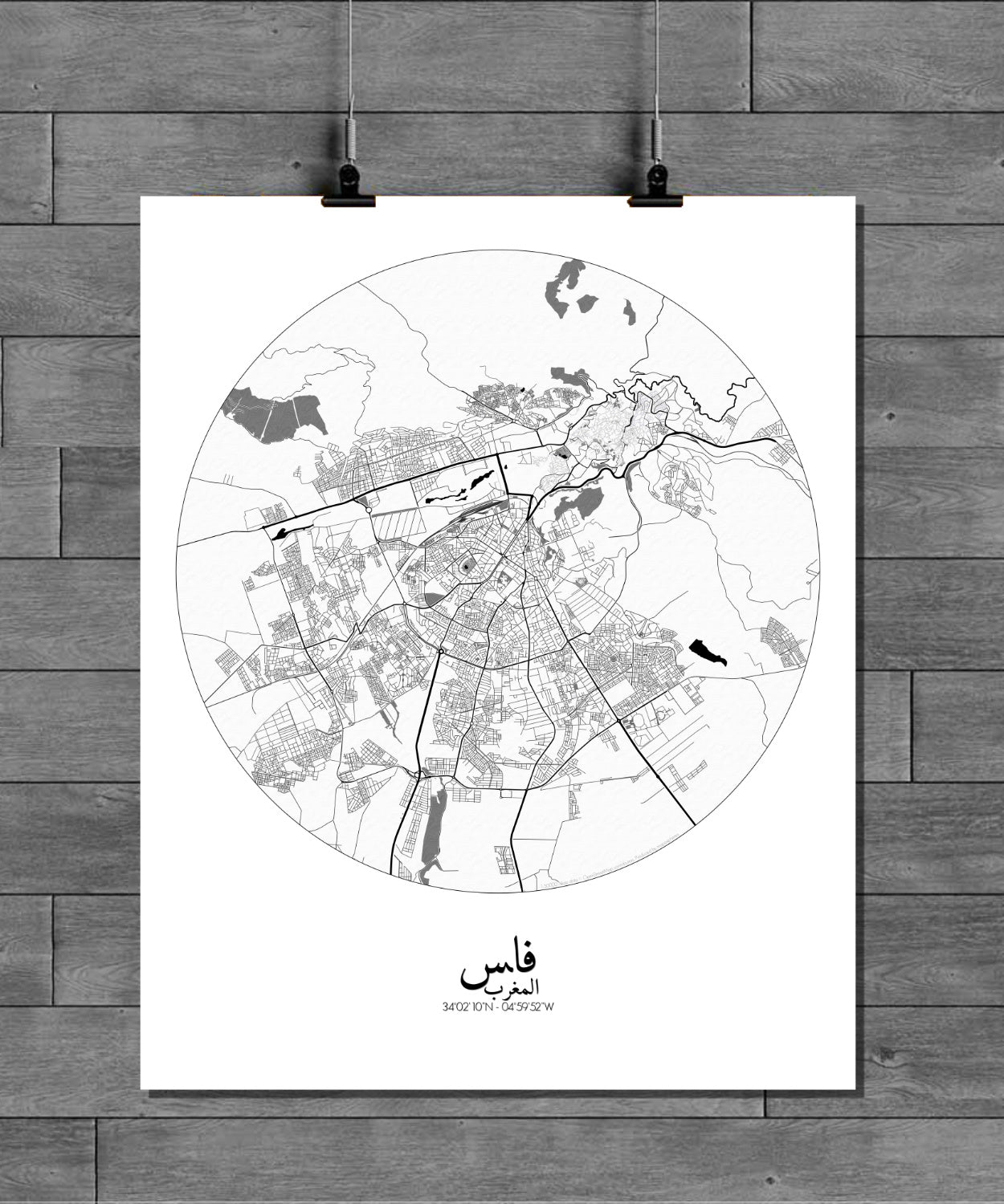 Mapospheres fez Black and White round shape design poster city map