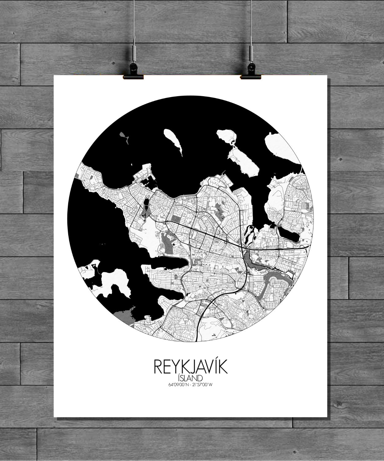 Mapospheres reykjavik Black and White round shape design poster city map