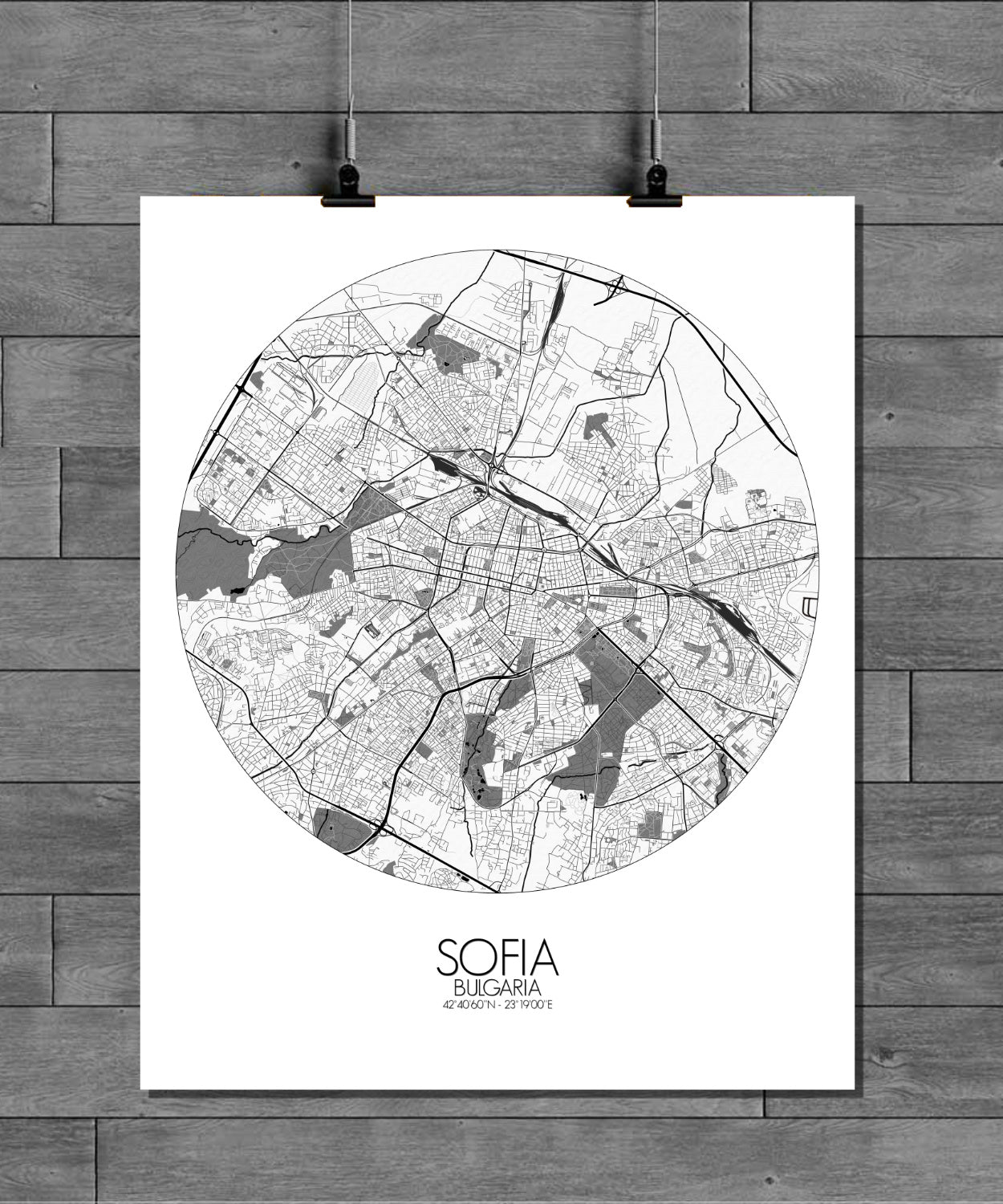 Mapospheres sofia Black and White round shape design poster city map