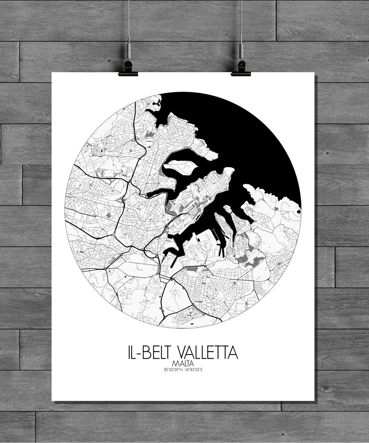 Mapospheres valletta Black and White round shape design poster city map