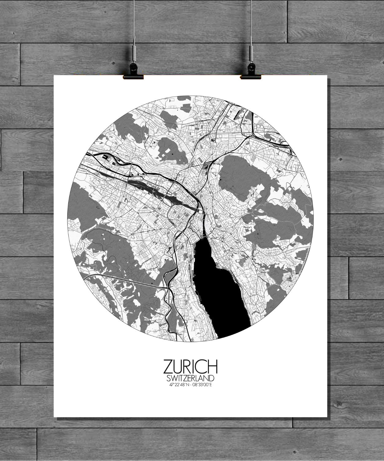 Mapospheres zurich Black and White round shape design poster city map