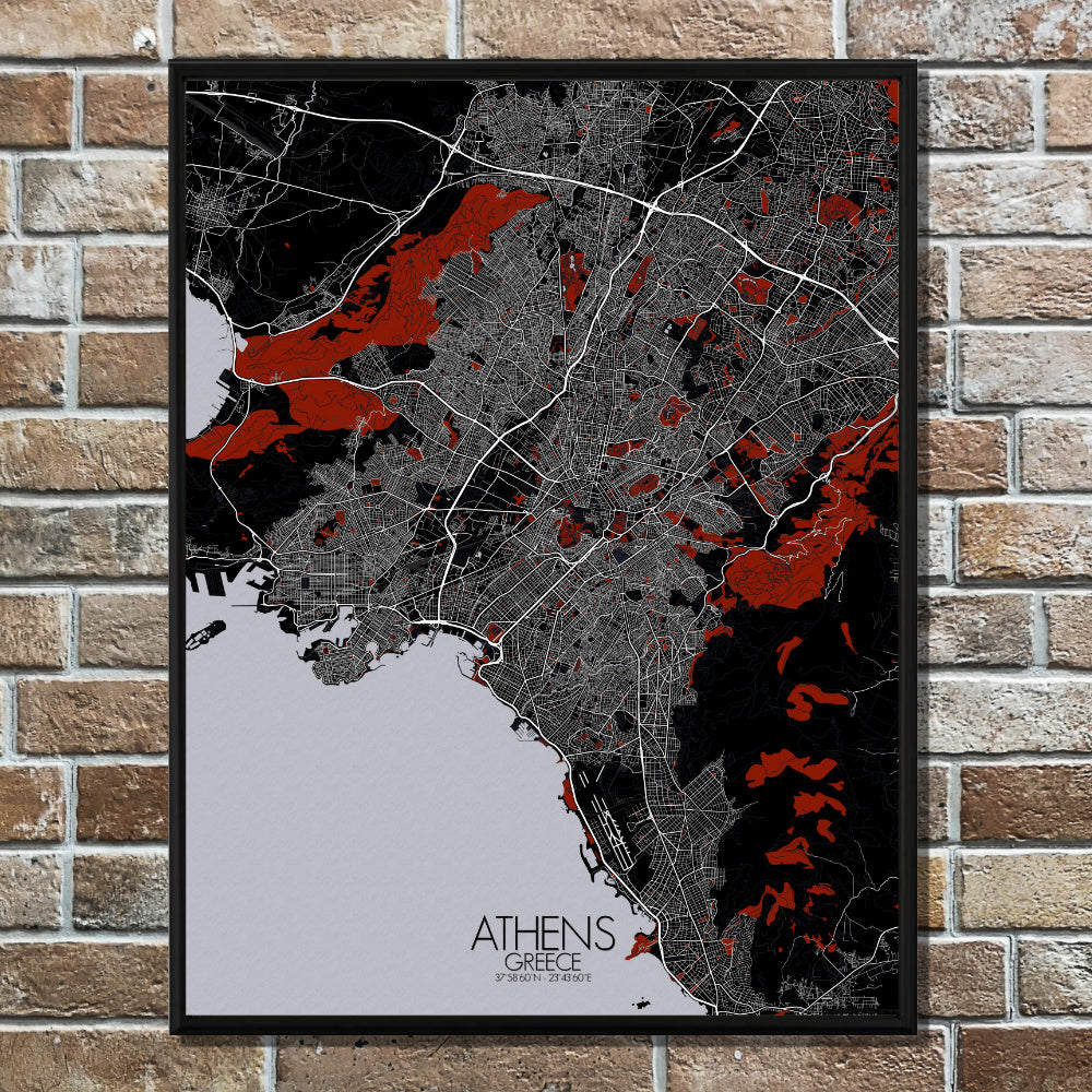 Mapospheres Athens Red dark round shape design poster city map