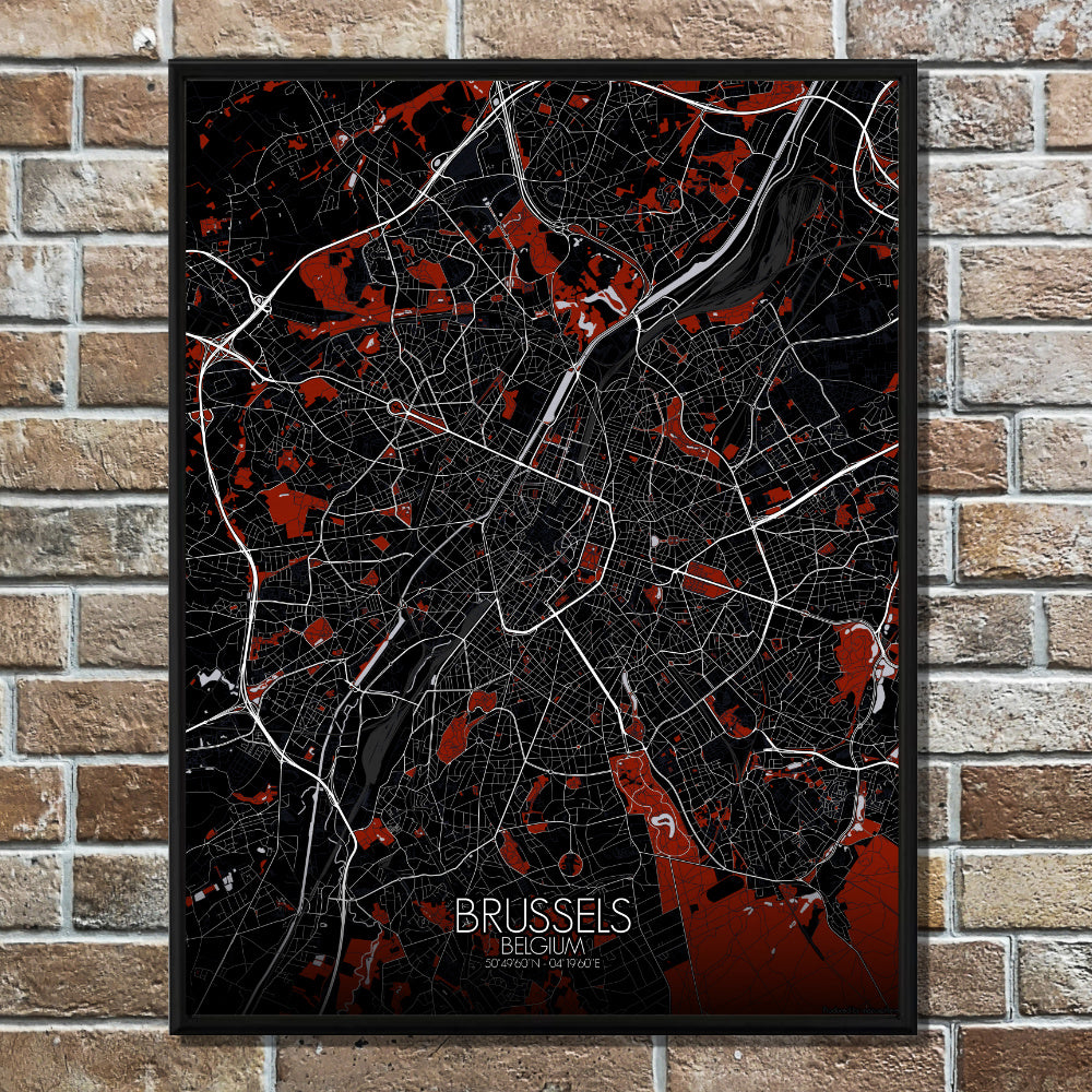 Mapospheres Brussels Red dark full page design poster city map 