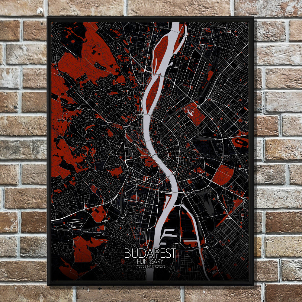 Mapospheres budapest Red dark full page design poster city map 