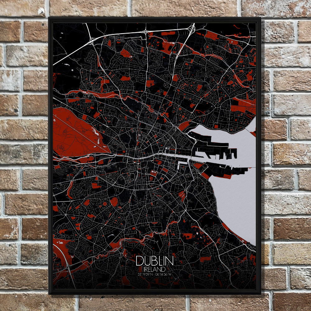 Mapospheres Dublin Red dark full page design poster city map 