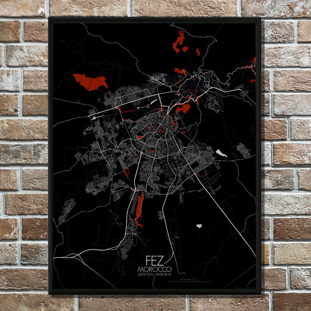 Mapospheres fez Red dark full page design poster city map 