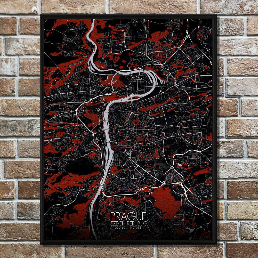 Mapospheres prague Red dark full page design poster city map 