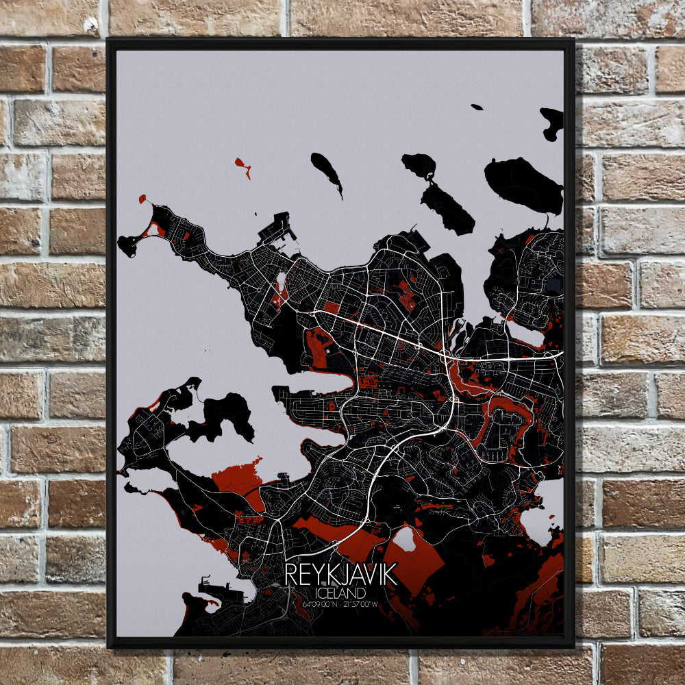 Mapospheres reykjavik Red dark full page design poster city map