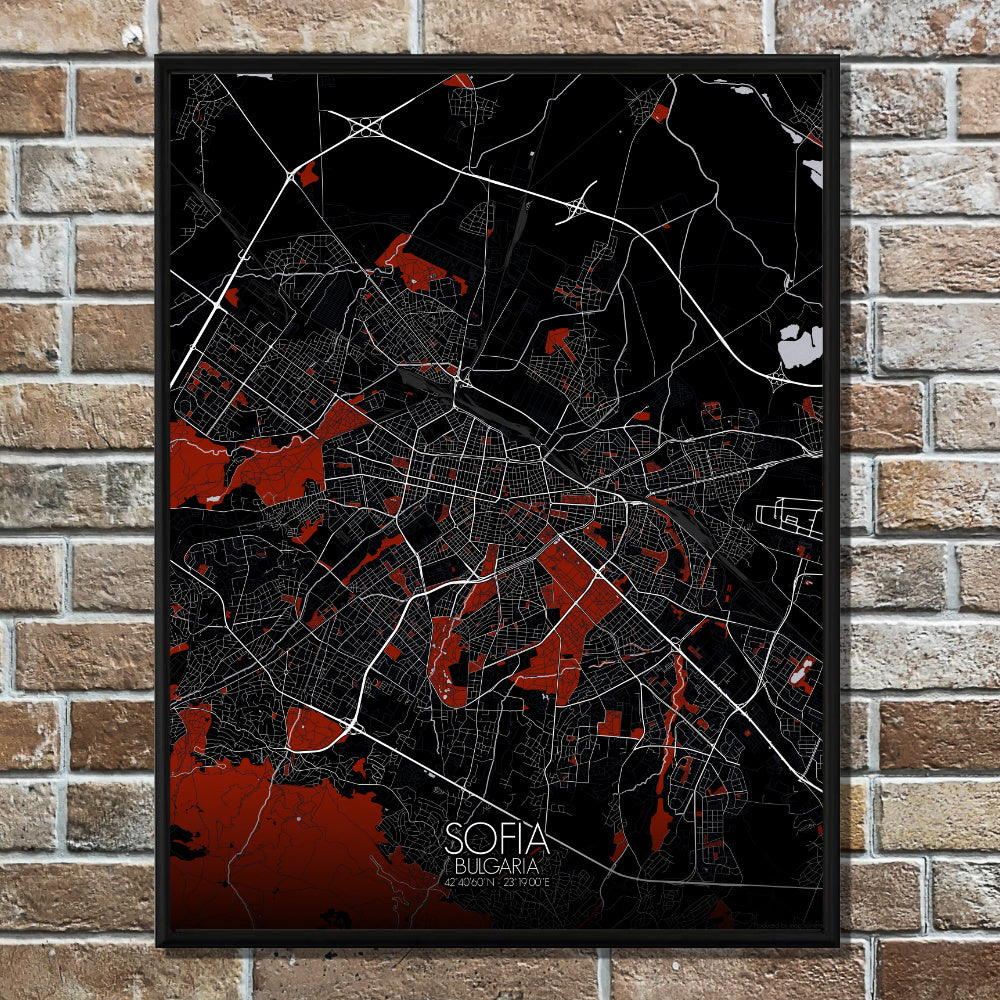 Mapospheres sofia Red dark full page design poster city map 