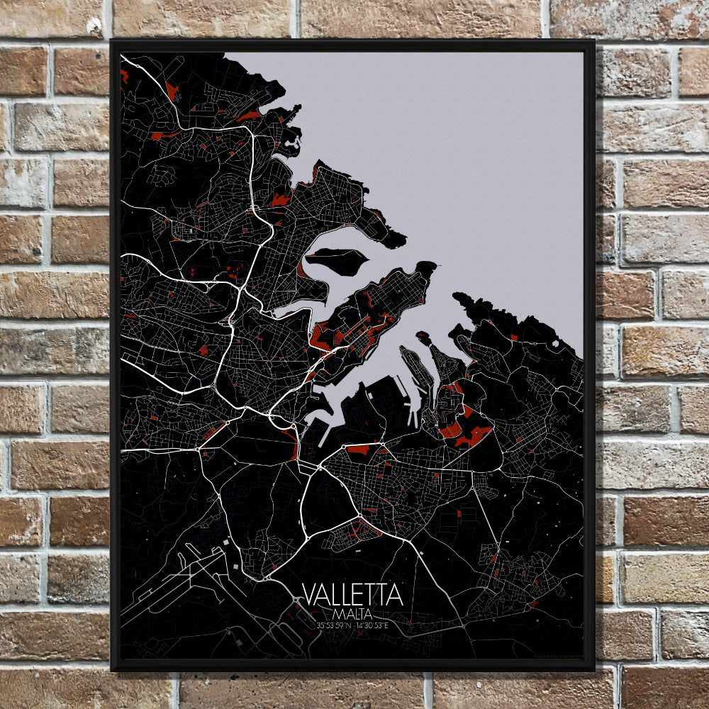 Mapospheres valletta Red dark full page design poster city map 