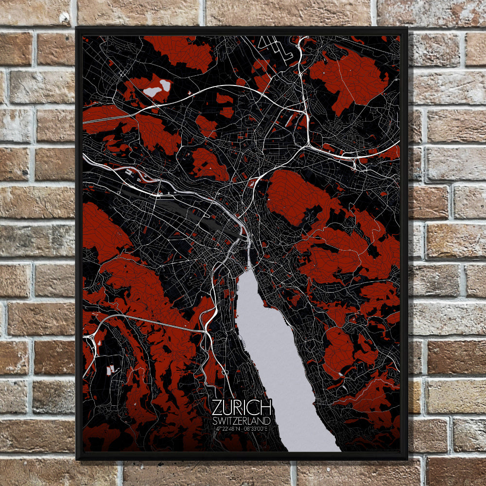 Mapospheres zurich Red dark full page design poster city map 
